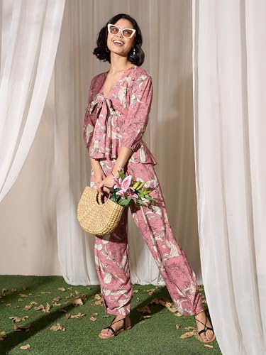 Image of barcino Pink Tropical Front Tie Top With Pants