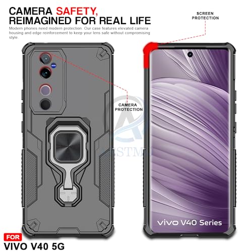 Image of AESTMO Armor Back Cover for Vivo V40 / V40 Pro / T3 Ultra 5G | Ring Holder & Kickstand & Camera Protection in-Built | 360 Degree Protection Back Case Cover For Vivo V40 / V40 Pro / T3 Ultra 5G (Black)