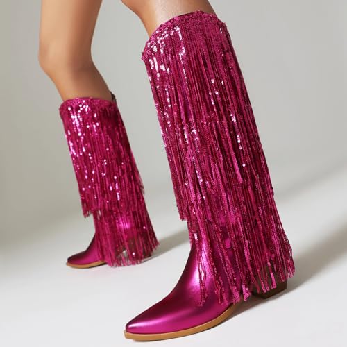 KiutSymo Womens Fringe Metallic Cowboy Boots Pointed Toe Block Chunky Heel Tassel Cowgirl Western Mid Calf Boots Dress Party Boots3
