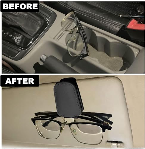 Image of Automaze Leather Car Visor Sunglass Holder, Magnetic Leather Glasses Eyeglass Hanger Clip for Car, Sunglass Clip Glasses Holder for Car Visor, Black, Pack of 1