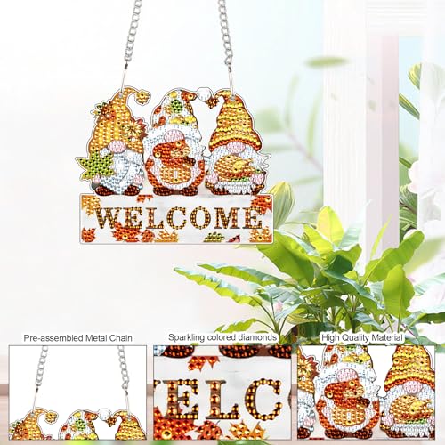 Image of AiYuanzsh Autumn Gnome Diamond Painting Hanging Sign, 5D DIY Acrylic Crystal Rhinestone Diamond Art Kit Pendant, Welcome Fall Decor for Door, Wall or Porch