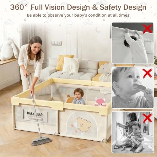 Image of Playpen for Baby up to 4 Years Playards with Pit Balls and Anti-Fall Grasp Rings, Kids Activity Center with Safety Lock & Small Storage Bag (No Mat, Non-Foldable) (150x180cm Yellow)