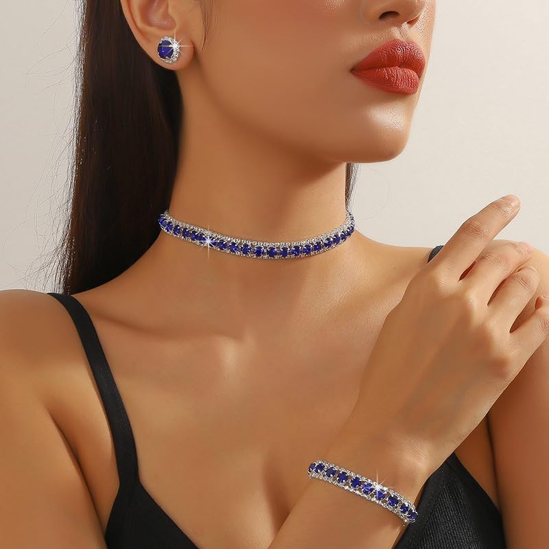 Women Rhinestone Crystal Jewelry Set Crystal Tennis Design Rhinestone Choker Necklace Link Bracelet Teardrop Earrings Set Wedding Bridal Bridesmaids Party - Image 2