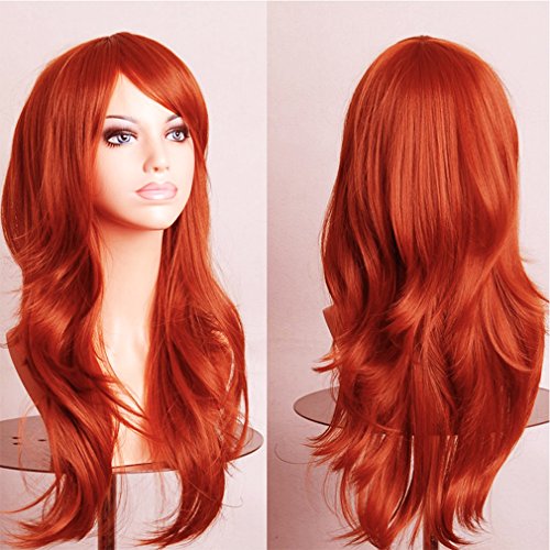 Orange Anime Cosplay Synthetic Wig Long Layered Curly Wavy Japanese Kanekalon Heat Resistant Fiber Full Wig with Bangs 23'' / 58cm+Stretchable Elastic Wig Net for Women Girls Lady Fashion