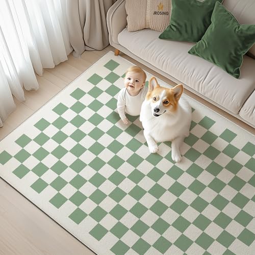 Image of JROSING Washable Checkered Rug, 4x6 Sage Green Checkerboard Modern Boho Foldable Large Area Rugs for Living Room, Low Pile Ultra-thin Non-slip Indoor Doormat Carpet for Office Bedroom Playroom Kitchen