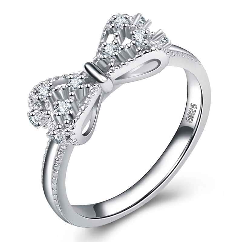 tenghong2021 Classic Bow Forever Love Knot Promise Rings Elegant Bowkont Statement Wedding Band Cubic Zirconia Bow Ring Cute Round Engagement Ring