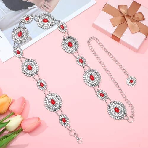 Prasacco Western Belt Metal Oval Concho Chain Belt Red Western Belts for Women Cowgirl Chain Turquoise Belts for Dresses Jeans Country Concert Outfit4