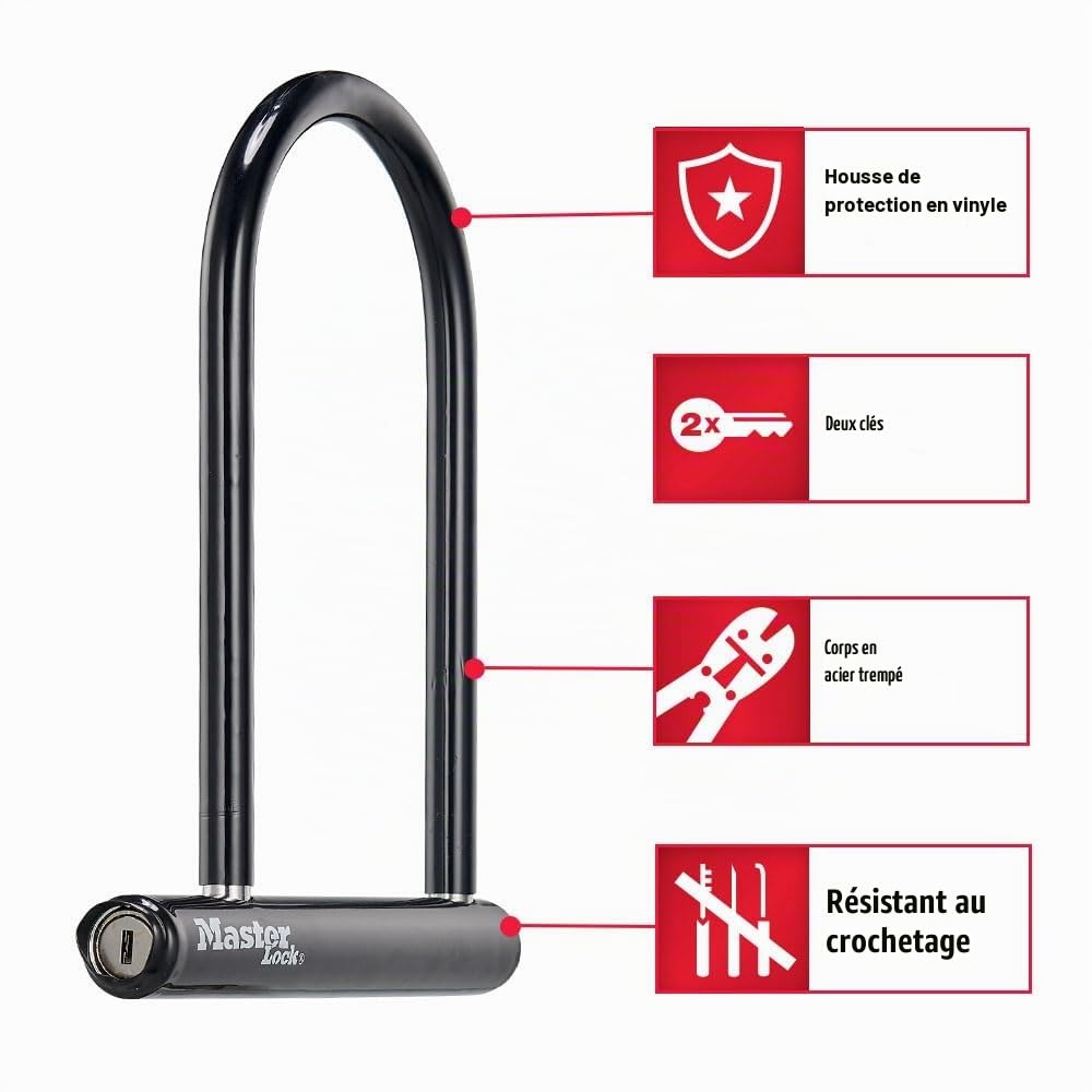 Master Lock U-Lock Antivol pour vélo avec clé - Antivol en U pour vélo - Pour équipement extérieur - Noir