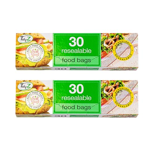 60 Press And Seal Food Bags, Re-sealable Sticky Tab Closure, Ultimate Strength. Perfect for Storing a Variety of Food Items, Keeps Food Fresh for Longer (Approx. 17cm x 19cm)