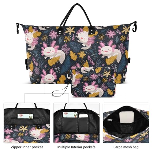 Funny Axolotl Leaf Blossom Large Travel Duffle Bag Weekender Overnight Bags Gym Yoga Bag for Women Men with Toiletry Bag2