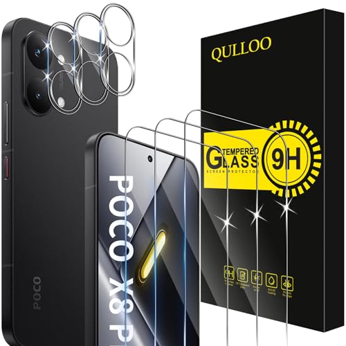 QULLOO Protector de Pantalla para Xiaomi POCO X8 Pro Max, 3 Piezas Cristal Templado y 3 Piezas Protector de Lente de Cámara, Dureza 9H Ultra Resistente Vidrio Templado