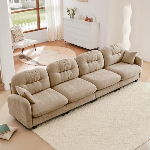 Image of KEIKI 140 inch Oversized Chenille Modular Sectional Sofa with High-Density Foam Cushion and Tufted Pleated Cushion Backrest, Upholstered Modern 4-Seater Cloud Couch with 2 Pillow, for Living Room, Camel