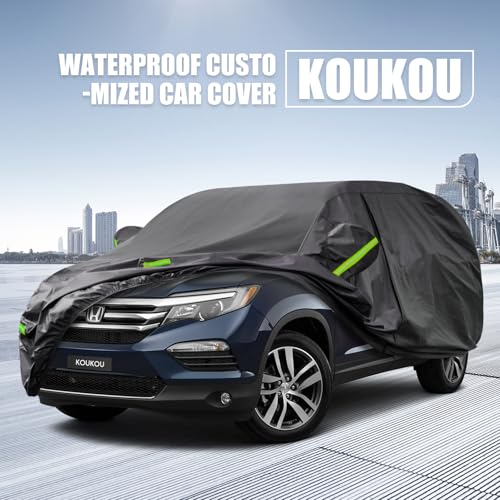 Image of KouKou Waterproof SUV Car Cover Suitable for Honda Pilot from 2002 to 2025, 7 Layers Windproof All Weather Waterproof Outdoor Cover Sun Rain UV Dust Snow Protection. Black