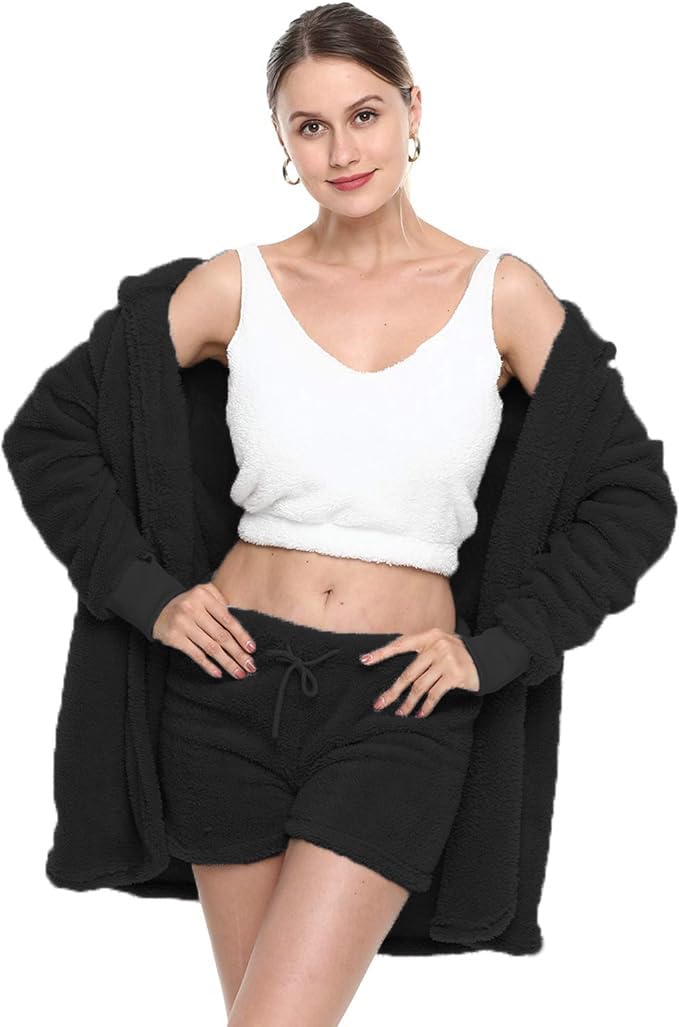 VNVNE Womens Sexy Fuzzy Warm Sherpa Fleece 3 Piece Outfit Fleece Coat Jacket Outwear and Spaghetti Strap Crop Top Shorts Set: Small Black