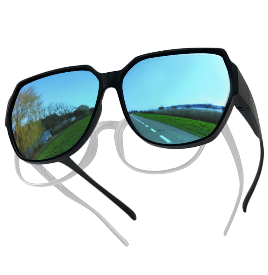 QOOL TIMES Living out your 33 HD Polarized Fit Over XL Occhiali da sole grandi leggeri per donne e uomini, protezione UV, tondi per la guida, T21033 Nero/Blu, XL