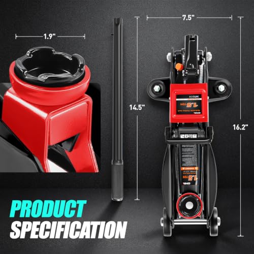 Image of DNA Motoring 1.5 Ton Car Floor Jack Low Profile Hydraulic Trolley Service /Floor Jack, 1.5T / 3000 lbs Capacity, Lifting Range 5.3 Inch -12 Inch, with Storage Case, Black, TOOLS-00327-BK