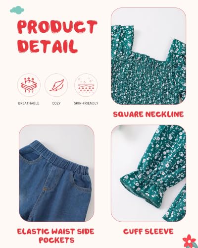 Image of Kucnuzki Toddler Kids Girl Clothes Long Sleeve Shirt Tops Baggy Jeans Cute Pants Set Baby Girl Outfit 2 Piece Clothing