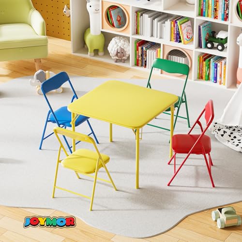 Image of JOYMOR 5-Piece Kids Folding Table and Chairs Set, Metal Frame Children's Activity Set with Easy-Fold Design, Kids Table and Chairs for Playroom & Classroom (Multicolor)