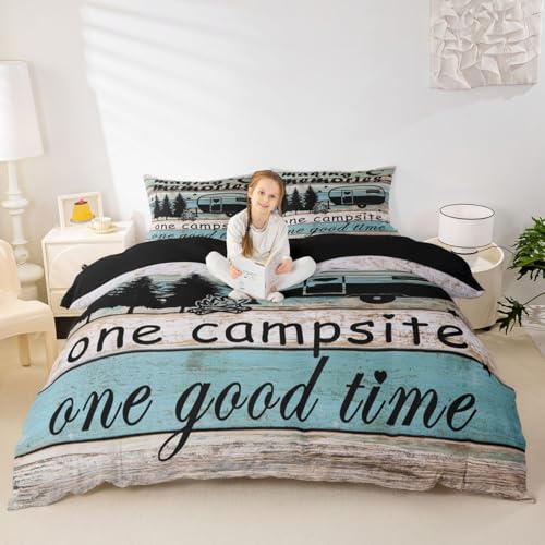 Parure de lit 3 pièces lit double motif cabane et texte camping