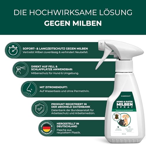 Silberkraft Milbenspray Hund & Katze 250 ml, Effektiver Schutz vor Milben, Flöhen & Parasiten , Anti-Milben-Mittel für Fell, Schlafplätze & Umgebung , Vertreibt Grabmilben, Herbstgrasmilben und mehr