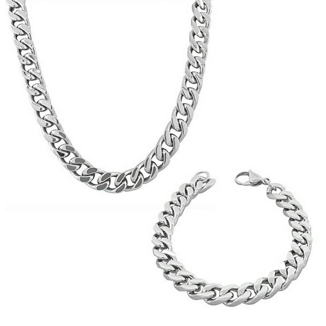 Set Collana E Bracciale Acciaio Inox | Catena Uomo E Donna | Argento 8mm