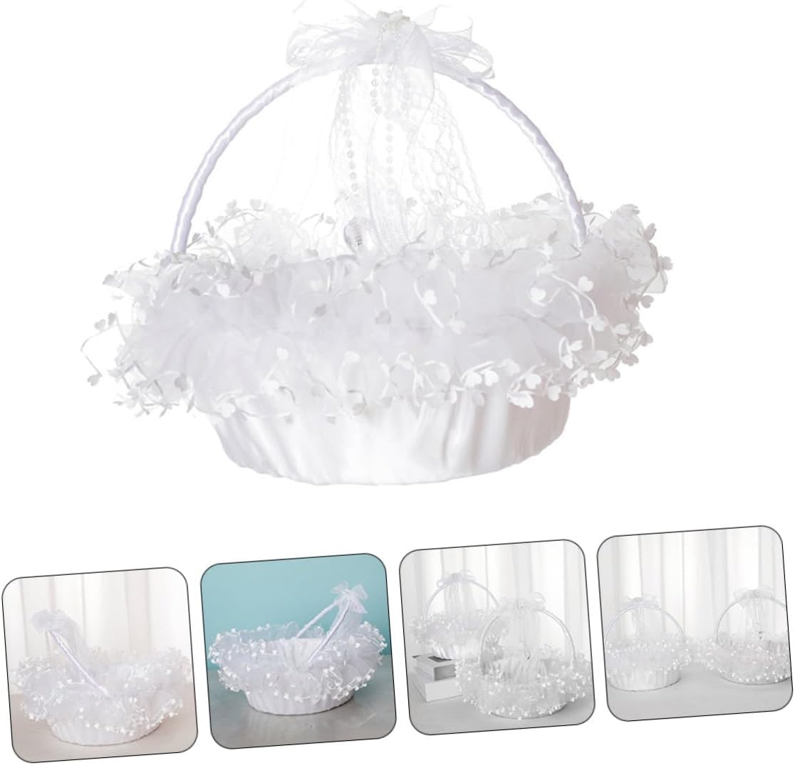 ULTECHNOVO Portable Foldable Lace Wedding Flower Girl Basket Handheld Decorative Basket for Wedding Ceremony Party Supplies White