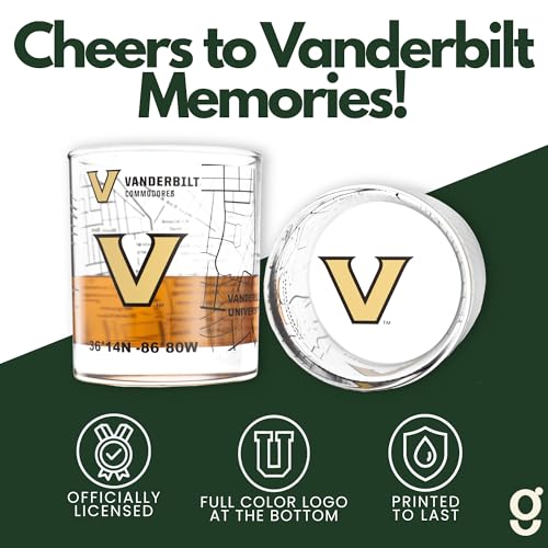 Image of Greenline Goods Vanderbilt University Commodores Whiskey Glasses Set of 2, 10 oz Rocks Glasses with Full-Color Logo & Campus Map - Officially Licensed Bourbon Glass Gift for Alumni & Fans