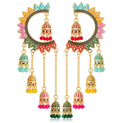 Image of WORLD CRAZE Multicolour long kashmiri jhumka for women chandbali earrings chand baliyan | kashmiri earrings for women | bahubali earrings stylish | Traditional Indian Festive Jewelry | Long Chain Tassels | Pearl Drop Latkan Jewellery (Multi colour)