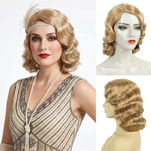 STfantasy Finger Wave Wig 1920s Retro Mid Length Long Curly Synthetic Hair for Women Cosplay Halloween Party Costume (ASh Blonde)