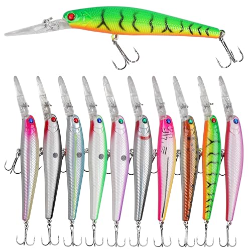 Minnow Fishing Lures Hard Baits Kit,10pcs Deep Diving Crankbaits Swimbaits Life-Like Walleye Lure for Bass Trout Pike Freshwater Saltwater Lures Kit