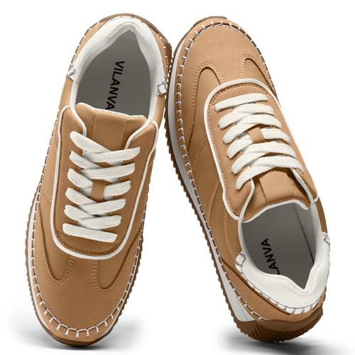 Vilanva Women's Camel Fashion Sneakers Casual Tennis Shoes with Non-Slip Retro Gum Sole Ladies Walking Trendy Footwear Size 6