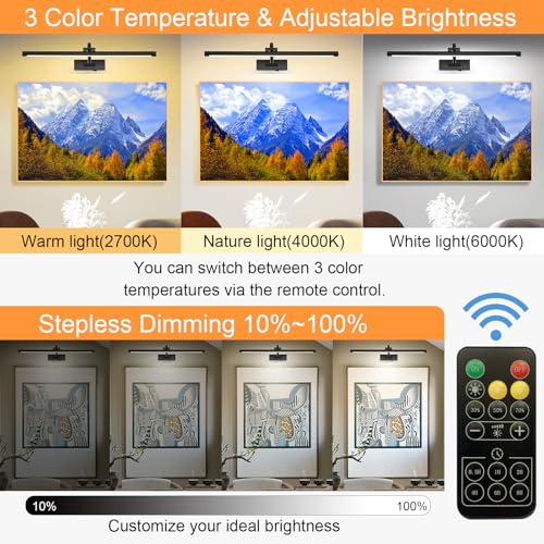 Image of Tassuowell Picture Light Battery Operated with Remote, 3CCT Dimmable Picture Light for Paintings, Black Rechargeable 24 inch Battery Operated Wall Sconce for Art Lighting Gallery Portrait Artwork