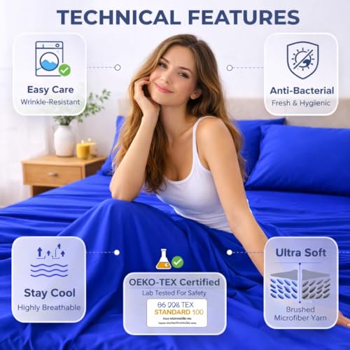 Image of Queen Size Bed Sheet - 600 Thread Count Single Flat Sheet Only - Long Staple Egyptian Cotton Top Sheet Wrinkle & Fade Resistant - Royal Blue