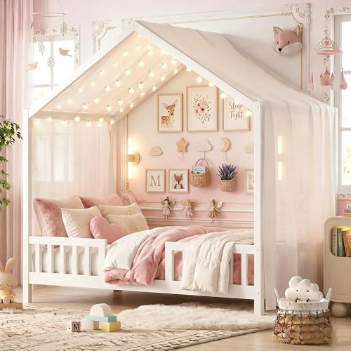 Aurnienofus Twin House Bed for Kids with High Rails Montessori Floor Bed Twin with Roof & Canopy Wood House Beds Frame for Boys Girls No Box Spring Needed White