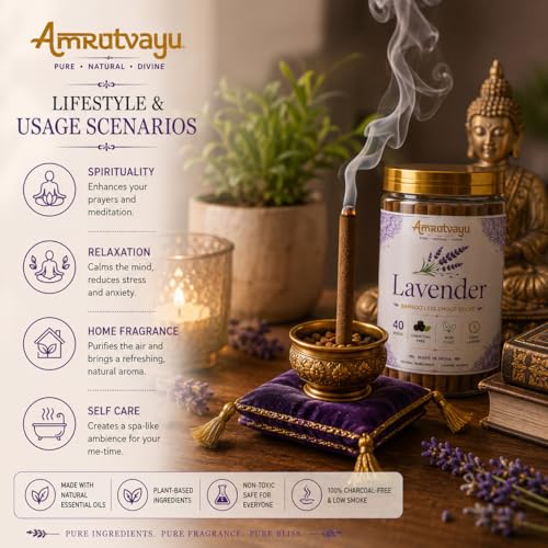 Image of Lavender Dhoop Sticks 4 inch 6mm Bamboo Less Incense Dhoop 40 Sticks for Pooja | No Charcoal Dhoop Batti with Holder Stand | Fragrance for Home, Mediation Relaxation