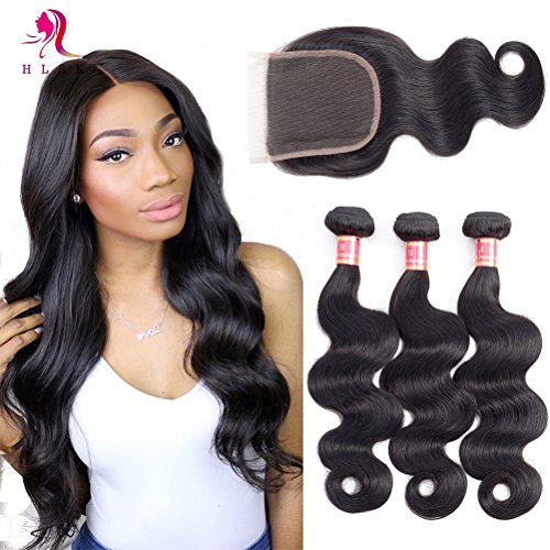 HLSK Brazilian Body Wave 3 Bundles with Closure - 100% Unprocessed Virgin Human Hair with Lace Closure Remy Hair Extensions (12 14 16+12 Closure)