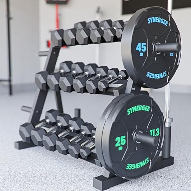 Synergee 3-Tier Dumbbell Storage Rack with 2 Barbell Holders and 4 Weight Plate Pegs, Featuring 2-Tier Dumbbell Storage and 3rd Tier for Kettlebell Storage ¨C Accommodates 1 and 2 Plates ¨C All-in-One
