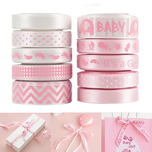 Huihuang Baby Pink Ribbon For Baby Shower Its Girl Pink Ribbon Assorted Foot Print Elephant Satin Ribbon For Gift Wrapping Crafts Diaper Cake Baby Shower Birthday Favor--5 Yards Each Total 50 Yards #TOP27