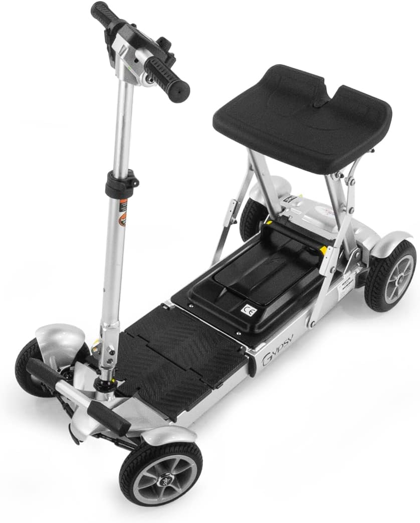 EVRider Gypsy Q2 Folding Travel Mobility Scooter in its compact, folded state, viewed from above.