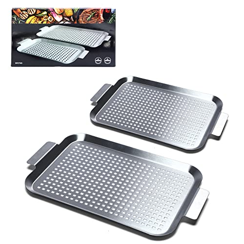 Comparison: Best Pan For Cooking Fish 9 COOK TIME Grill Pan Set of 2, BBQ Grill Topper for Outdoor Grill, Stainless Steel Grilling Baskets with Holes and Handles, Perforated Food Tray Barbecue Accessories for Vegetable, Fish, Meat, Seafood