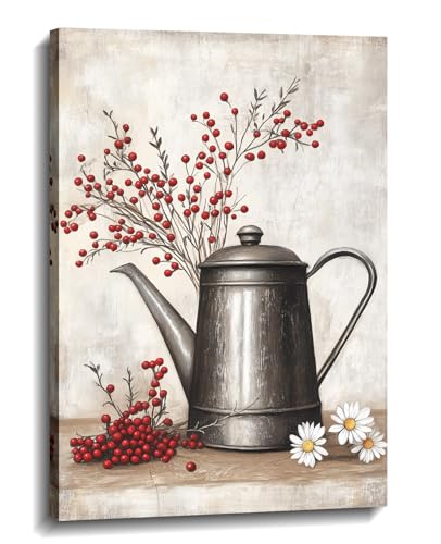 Rustic Farmhouse Daisy Canvas Wall Art Kitchen Wall Decor Framed Watering Cans Branches with Red Berries Pictures Vintage Painting Prints for Walls Ready to Hang -12.00