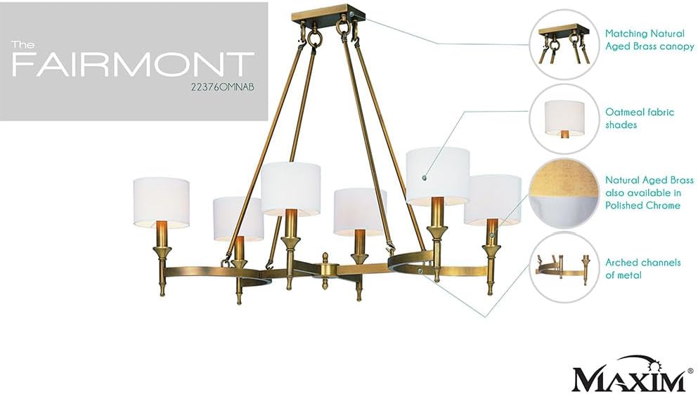 Maxim Lighting Fairmont 6-Light Chandelier | Aged Brass Finish | Transitional Indoor Light Fixture | Ideal for Dining Rooms & Entryways | Home Decor Ceiling Fixture | Fairmont Collection | 22376OMNAB