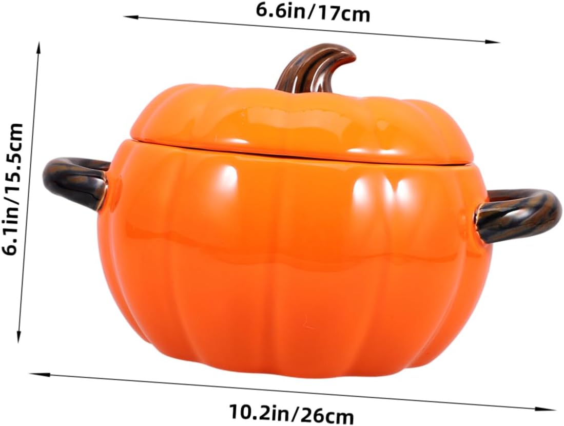 PRETYZOOM Pumpkin Soup Bowl with Lid Ceramic Double Handle Stewed Food Bowl for Home Restaurant and Festive Decor for Soup Salad and Mixing
