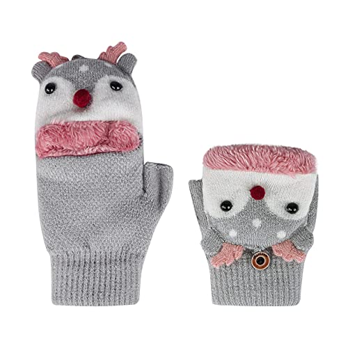 Moufles Enfant Hiver Gants de Demi-Doigt en Tricot avec Doublure Cachemire Mitaine a Rabat Polaire Gants Hiver Garçon Fille avec Motif Renne Mignon Moufles Gant Chaud Pour Ski Velo Moto Sport 3-5 Ans