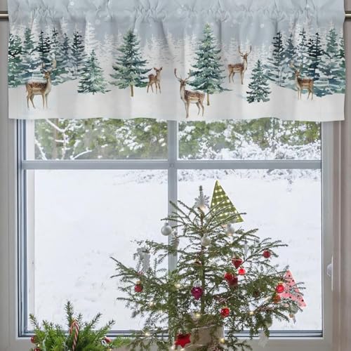 HawSkgFub Snowy Winter Forest Pine Tree Deer Kitchen Curtain Valance 54 x 18, Seasonal Blue Short Topper Curtains Window Treatment Rod Pocket, Holiday Home Farmhouse Living Room Bedroom Bathroom Decor