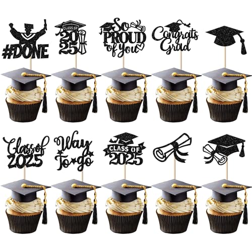 SYKYCTCY 30 Pack Class of 2025 Cupcake Toppers Glitter So Proud of You Done Diploma Congrats Grad Cap Cupcake Picks Way to Go Cake Decorations for 2025 Graduation Theme Party Supplies Black