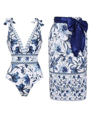 FLAXMAKER Blue and White Adjustable Shoulder Strip Plant Prints One Piece Swimsuit and Skirt/Sarong (US Alpha Medium Regular Regular Blue #2 Swim and Sarong)