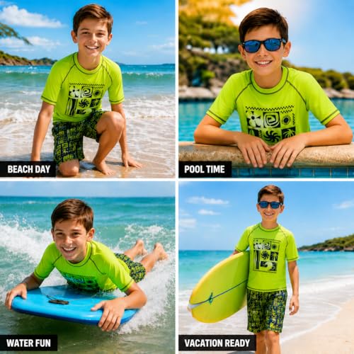 Image of Quad Seven Boys 2-Piece Rash Guard Swimsuit Set Short-Sleeve (Sizes 5-12) | Lightweight Quick-Dry Fabric with Sun Protection, Matching Top & Trunks, Adjustable Drawstring Waist for Pool or Beach Days