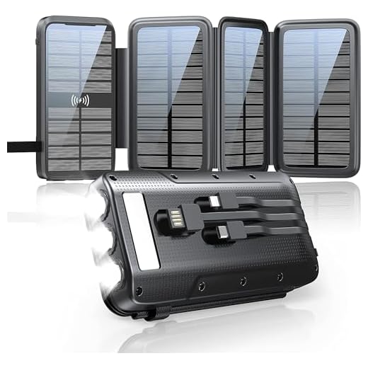 Solar Charger, Power-Bank, Portable Charger,43800mAh QC3.0 Fast Charging Qi 10W Wireless Charger 4 Solar Panel Built-in 2 Kinds Output Cable and 680Lumen Bright flashlights