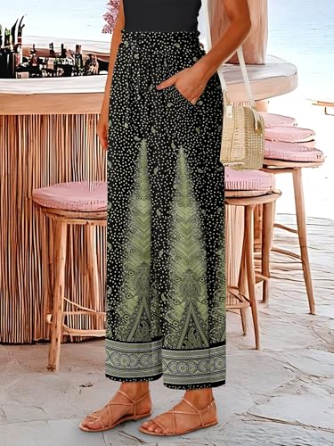 CRAZY GRID Womens High Waisted Palazzo Pants Beach Flowy Summer Wide Leg Trousers Lightweight Casual Vacation Pants with Pockets Medium Black Grass — view 5